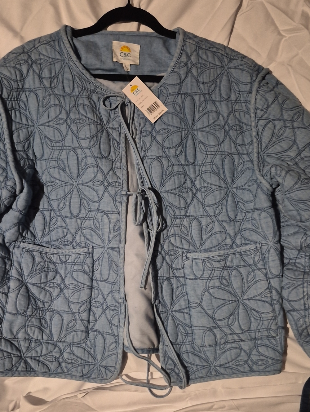 C&C California Light Blue Quilted Tie-Front Utility Jacket